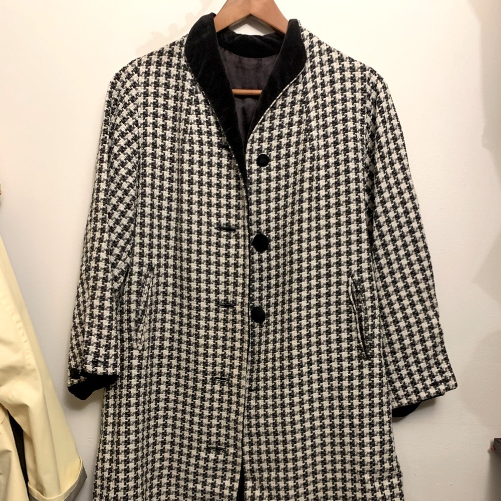 Vintage Houndstooth Jacket ¾ Length Sleeve Black Velvet S-M